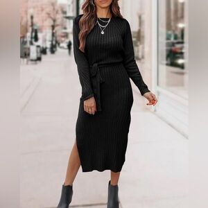 Black Long Sleeve Knit Waist-Tie Dress